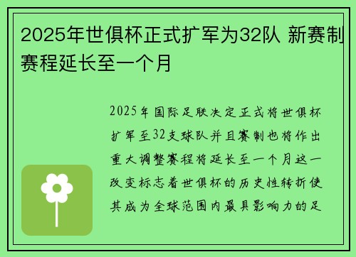 2025年世俱杯正式扩军为32队 新赛制赛程延长至一个月