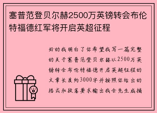 塞普范登贝尔赫2500万英镑转会布伦特福德红军将开启英超征程 塞普范登贝尔赫2500万英镑转会布伦特福德红军将开启英超征程